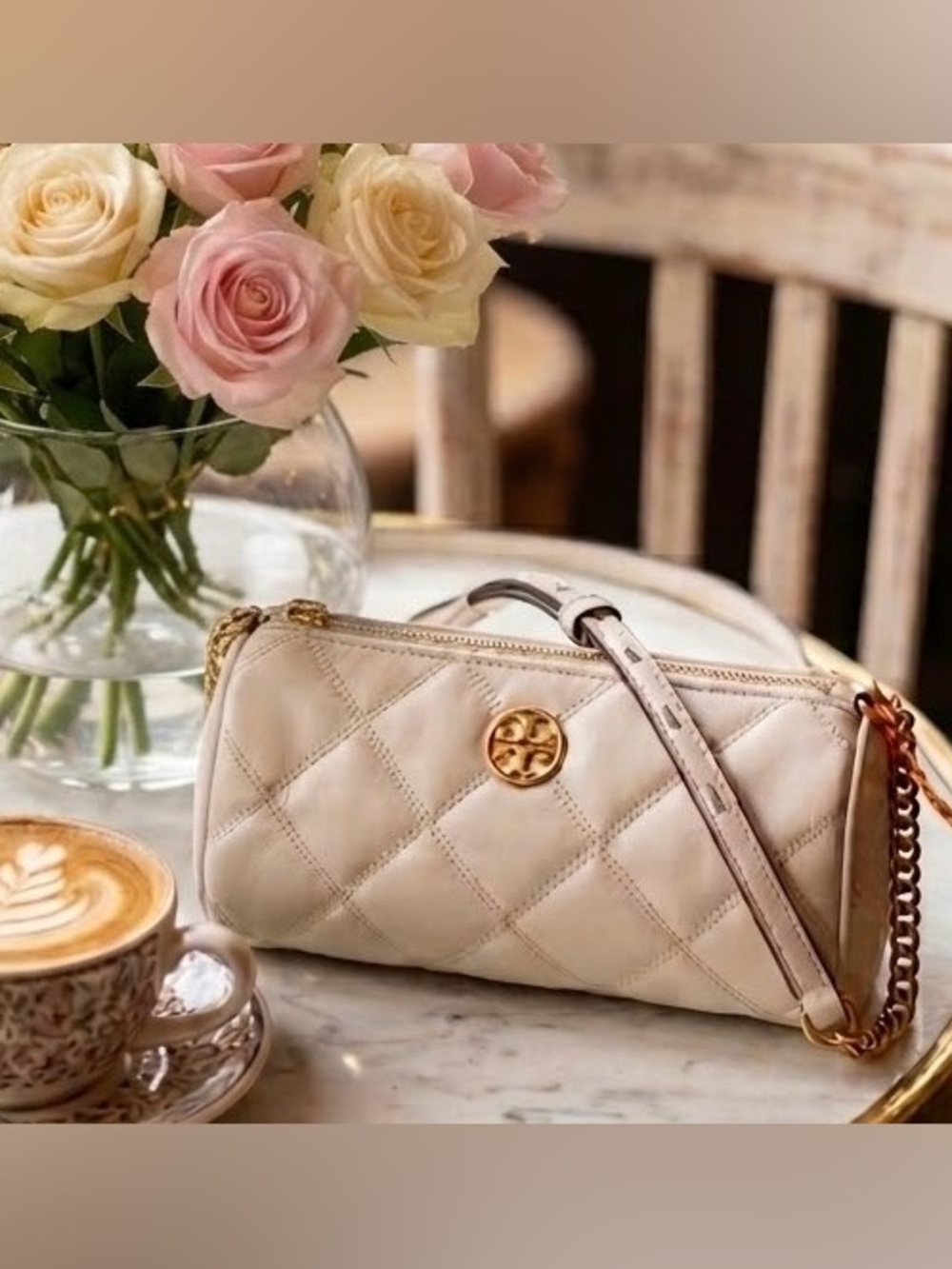Tory Burch Willa Matte Barrel Bag Cream White Leather Gold Hardware Quilted
